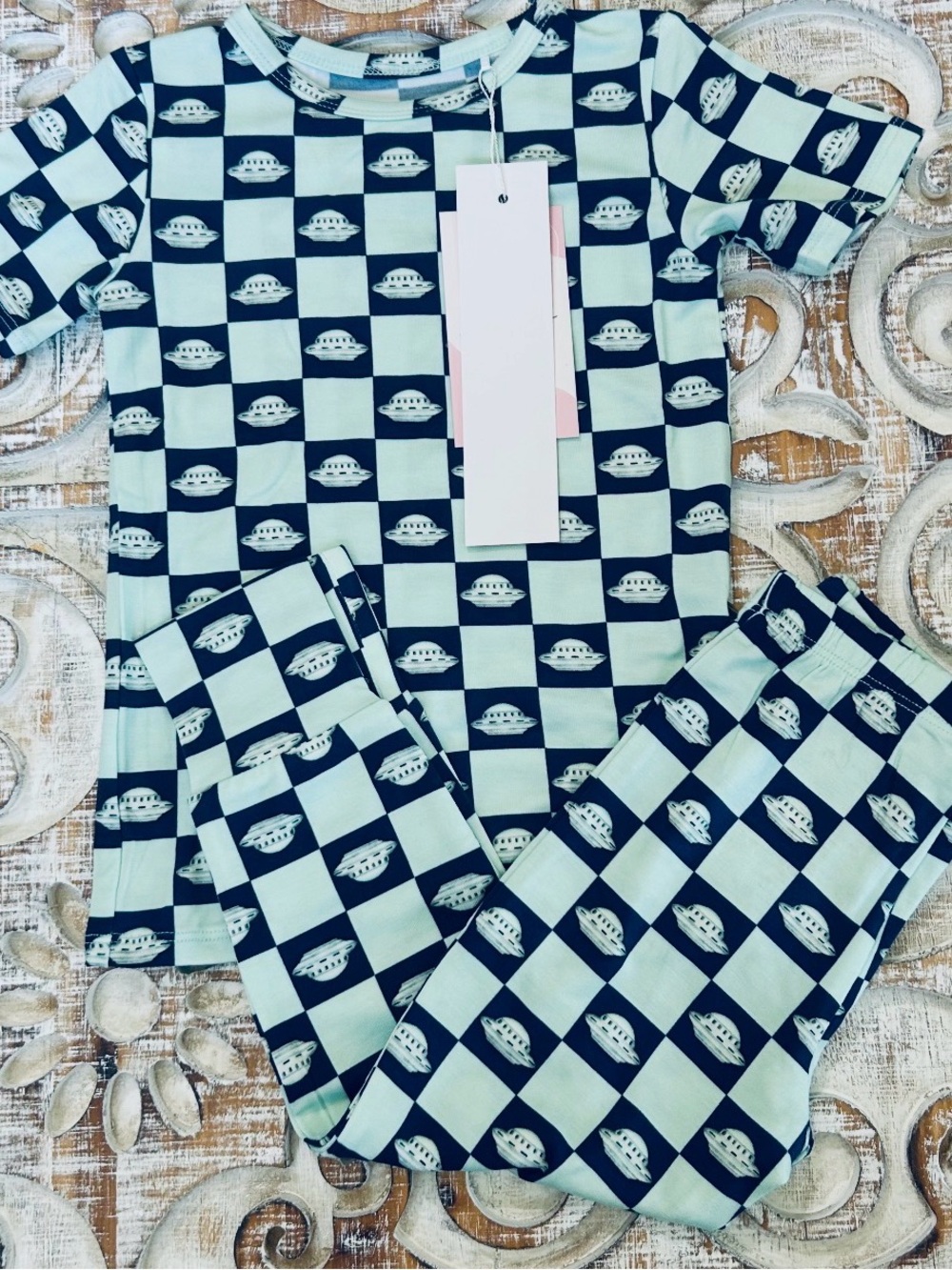 Kids Bamboo Set in Light Blue and Navy Checkerboard